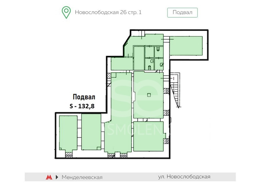 Аренда торговой площади, площадь 132.8 кв.м., -1 этаж, Новослободская ул, 26 стр. 1, район Тверской