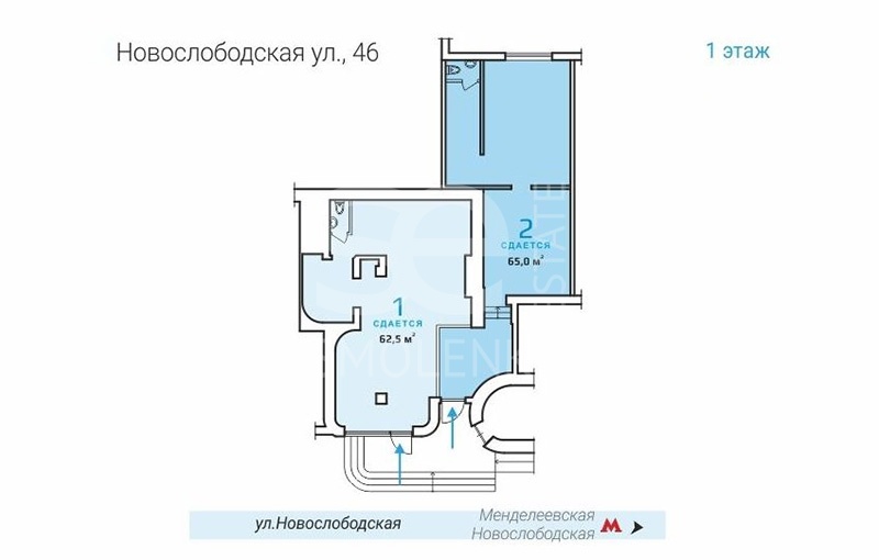 Аренда помещения свободного назначения, площадь 65 кв.м., 1 этаж, Новослободская ул, 46, район Тверской